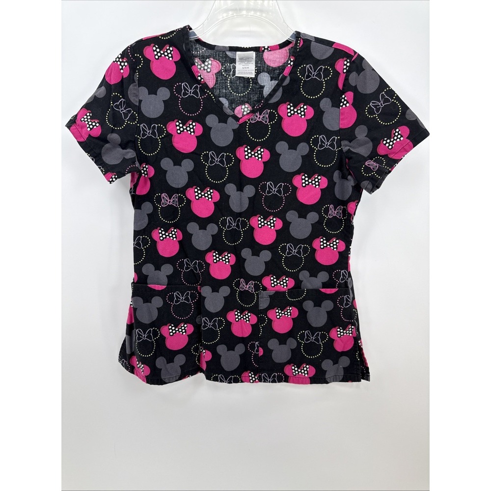DISNEY MINNIE & MICKEY MOUSE NURSING SCRUB TOP SIZE SMALL FRONT POCKETS